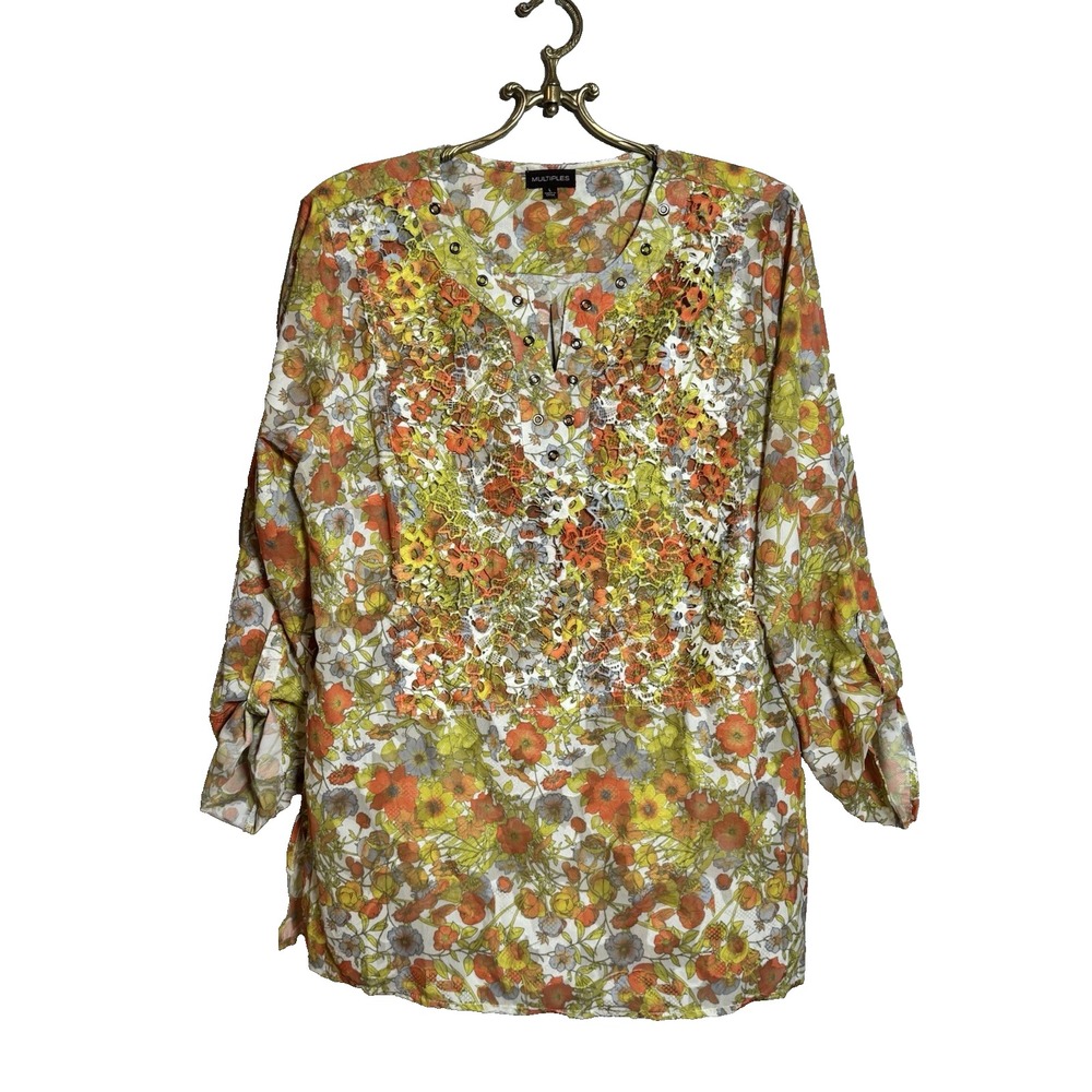 Multiples Women's Lace Front Orange Flora Top Shirt Blouse Size Large Casual
